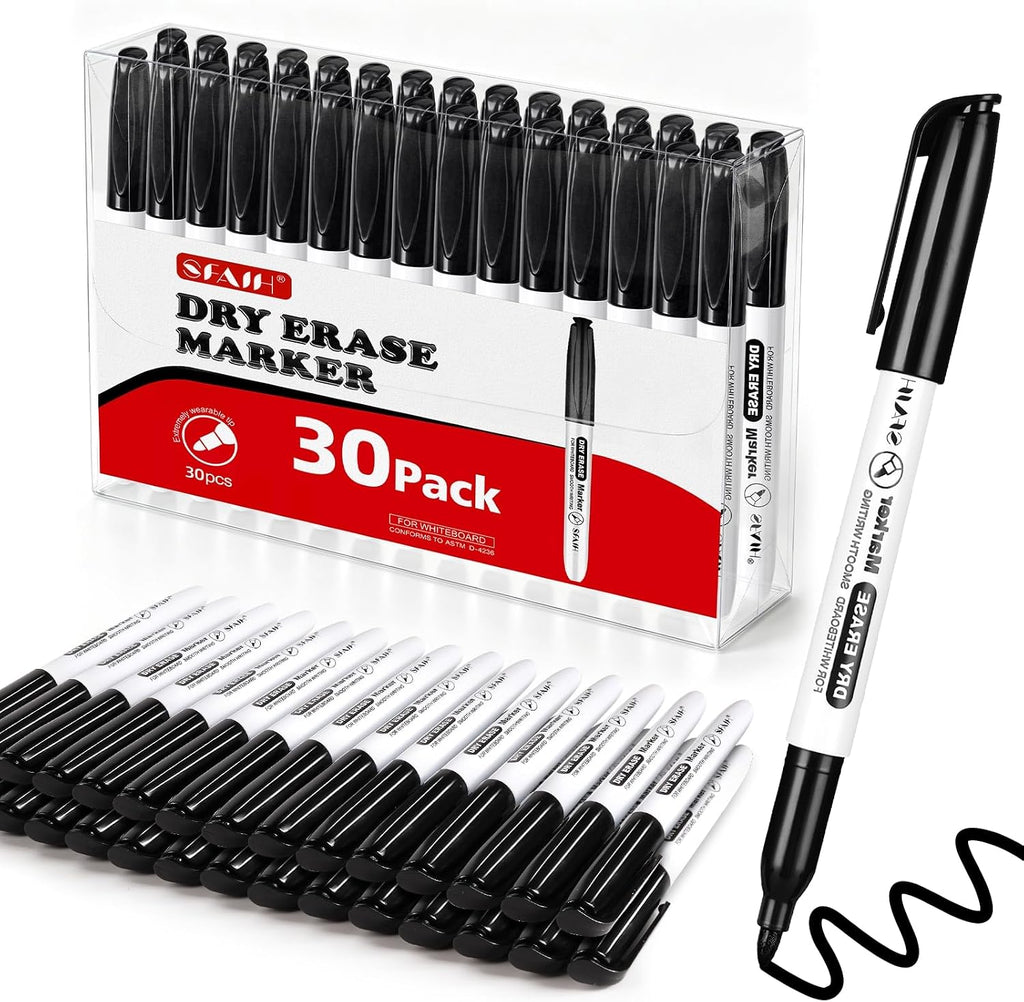 SFAIH Fine Tip Dry Erase Markers, 30 Pack, Black, Low Odor, Non-Toxic | Easily Erases, Clear Reusable Storage Case, Perfect for Whiteboards, Ideal for Classroom, Office, Home, Back to School