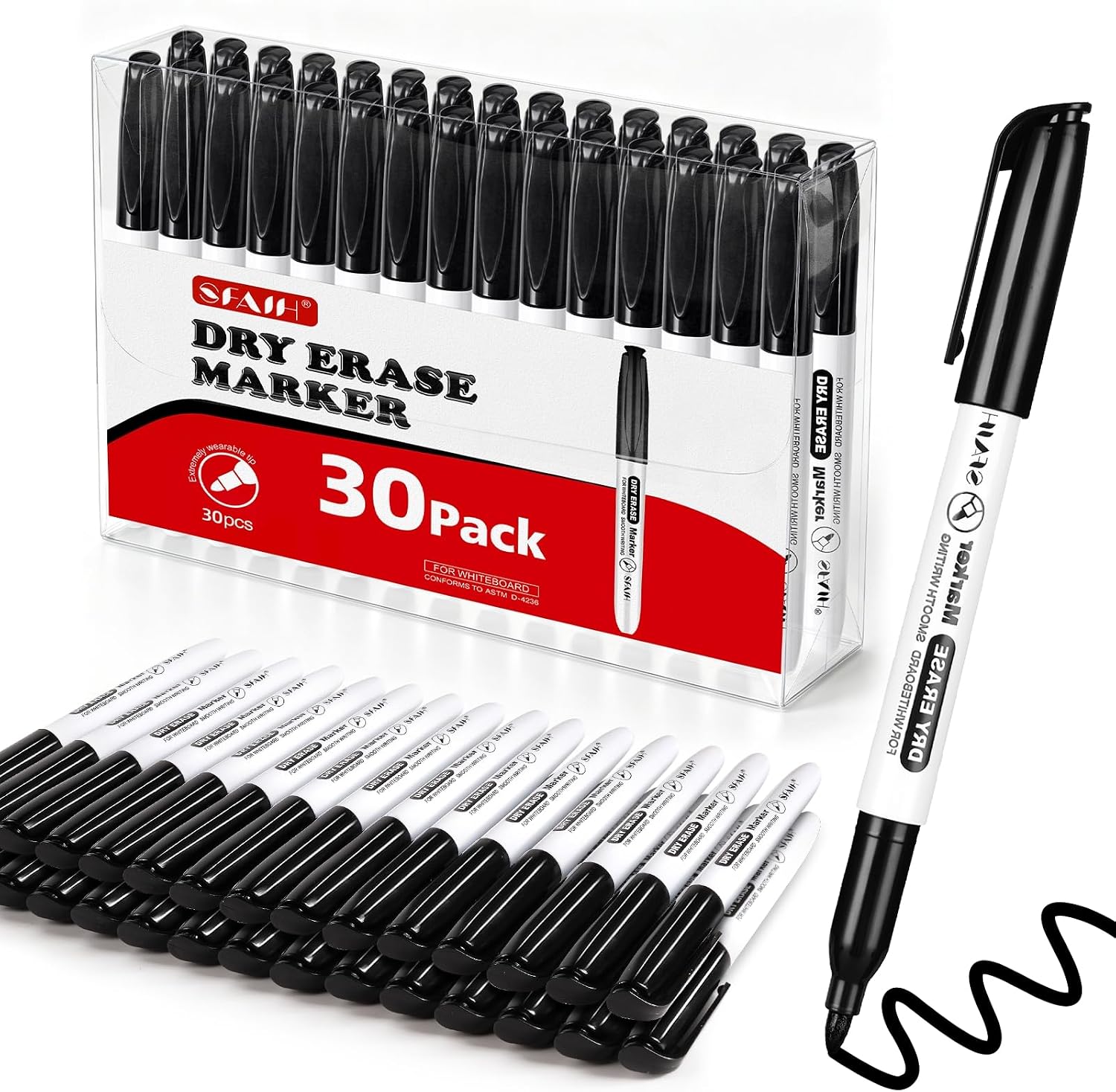 SFAIH Fine Tip Dry Erase Markers, 30 Pack, Black, Low Odor, Non-Toxic | Easily Erases, Clear Reusable Storage Case, Perfect for Whiteboards, Ideal for Classroom, Office, Home, Back to School