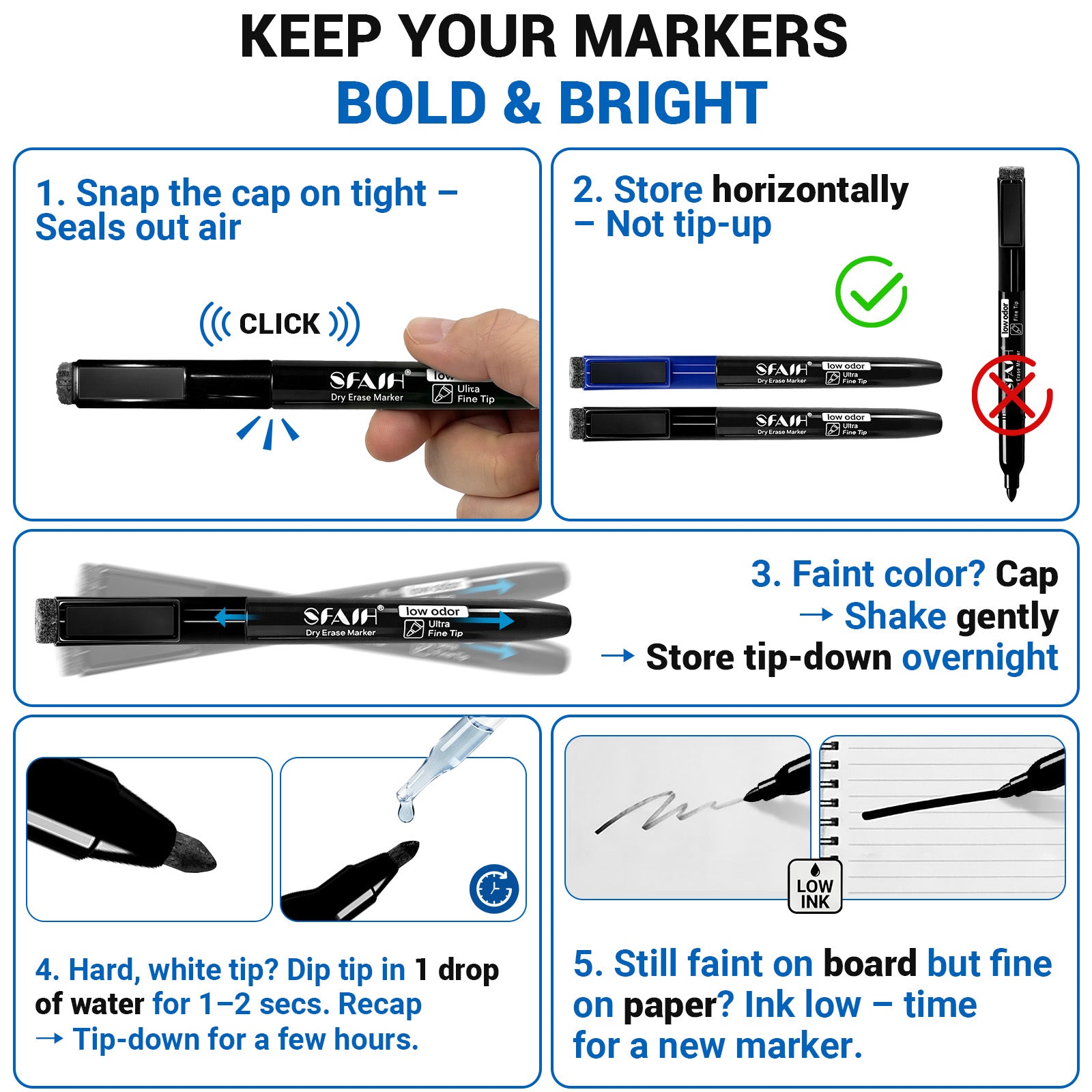 SFAIH Black Magnetic Dry Erase Markers, Fine Tip, 1-2mm Line, Low Odor | Easily Erases, Non-Toxic Ink, Whiteboard Markers with Eraser Cap, for Home, To-Do Lists, Labeling & Organization