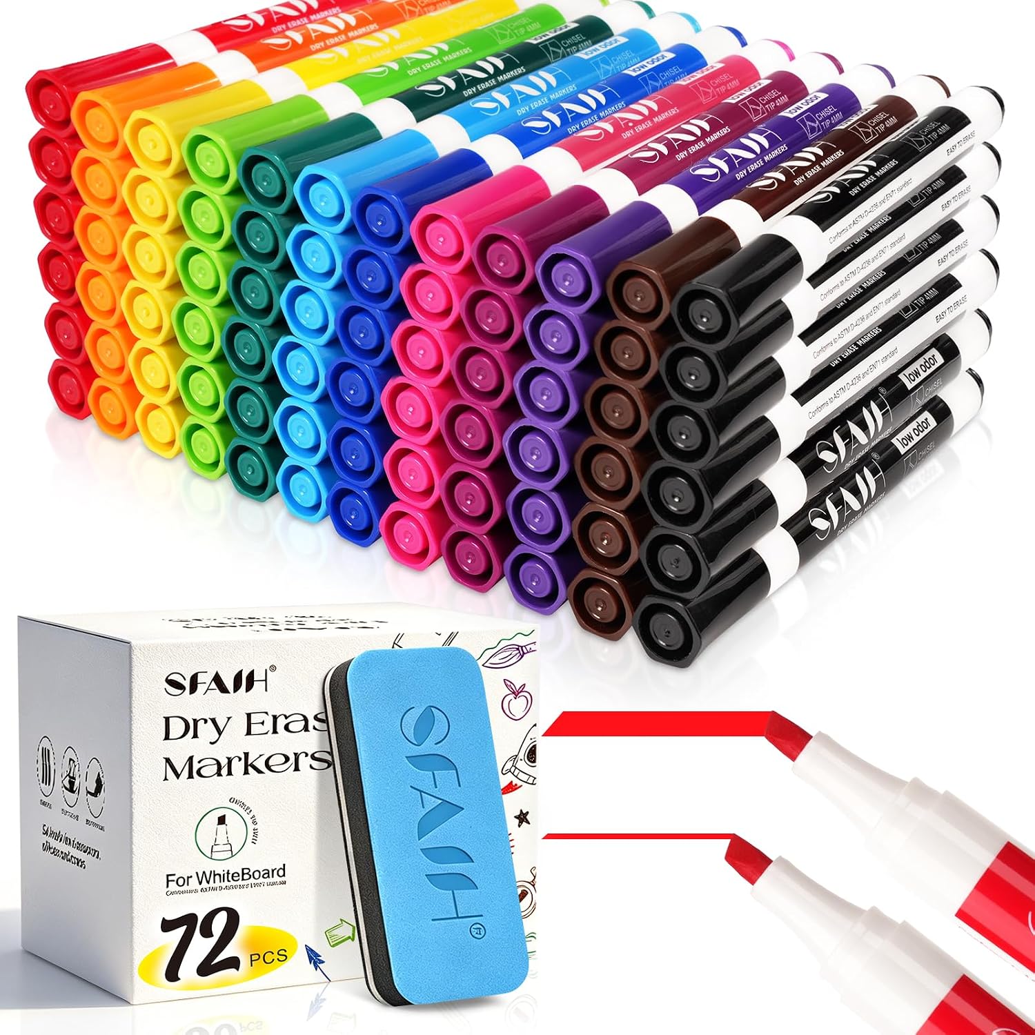 SFAIH Chisel Tip Dry Erase Markers, 72 Pack,12 Colors, with Magnetic Eraser | 1s Quickly Dry, Low Odor, Non-Toxic Ink, White Board Markers for Office, Essential Supplies for Teachers, Back to School