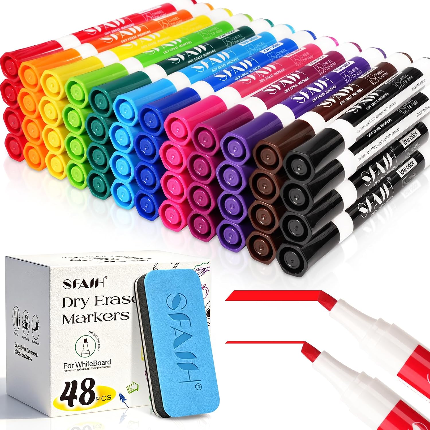 SFAIH Chisel Tip Dry Erase Markers, 48 Pack, Black, with Magnetic Eraser | 1s Quickly Dry, Low Odor, Versatile Lines, White Board Markers for Office, Essential Supplies for Teachers, Back to School