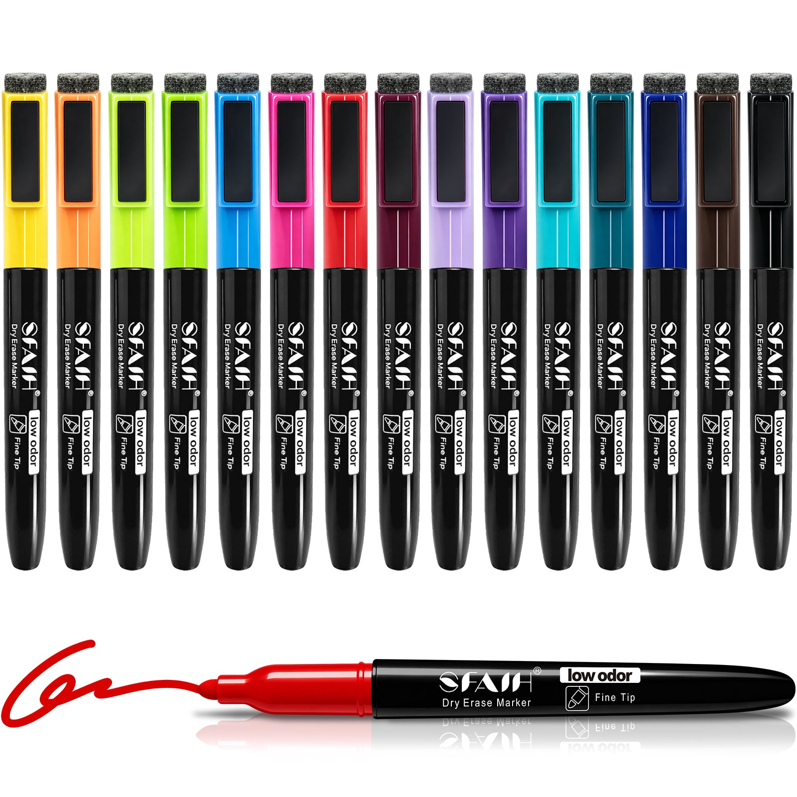 SFAIH 15 Colors Magnetic Dry Erase Markers, 1-2mm Fine Tip, with Eraser | Low Odor, Easily Erases, Whiteboard Markers for Kids, Classroom Practice, Family Doodles, Large Grid Scheduling, Non-Toxic