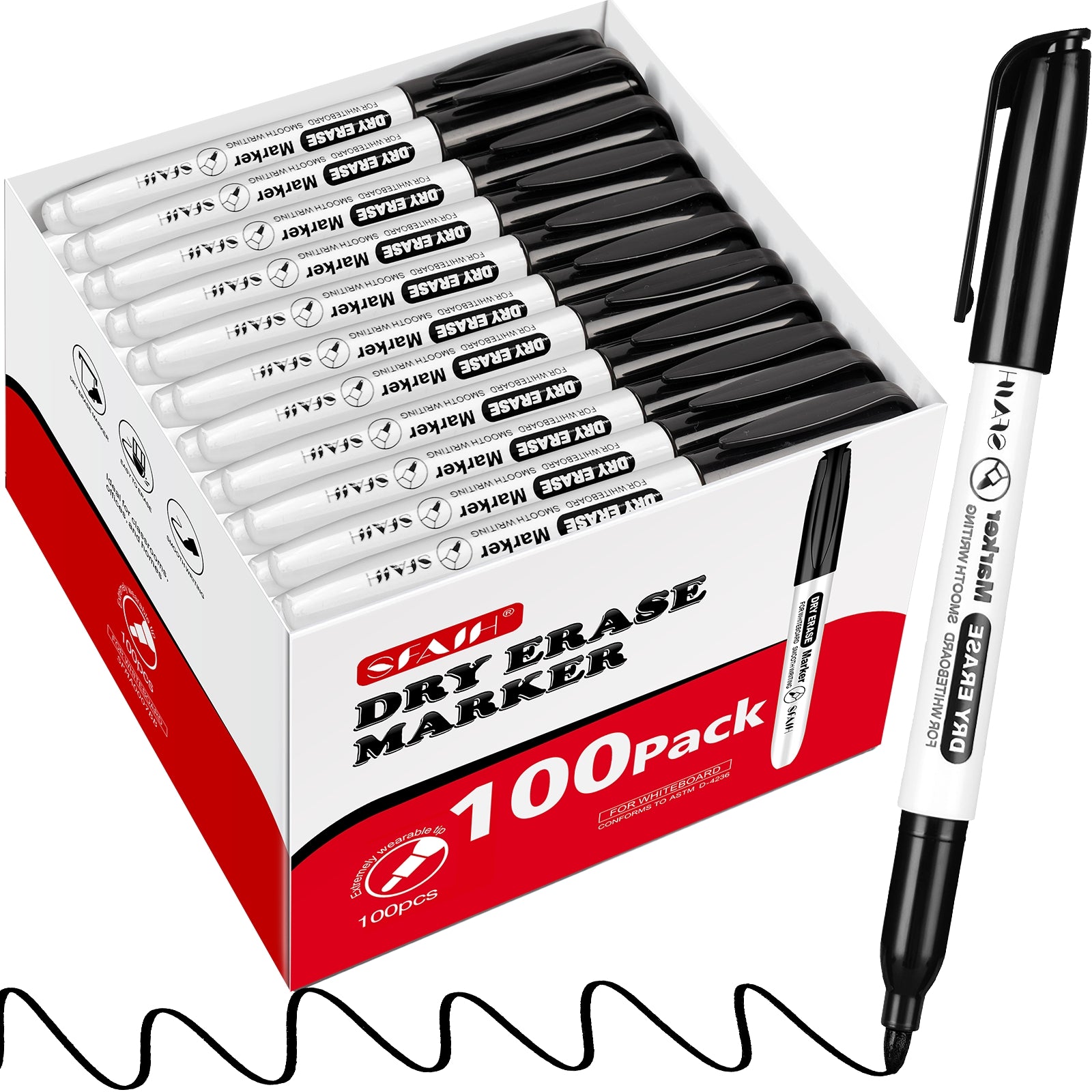 SFAIH Fine Tip Dry Erase Markers, 100 Pack, Black, Low Odor, Non-Toxic | Easily Erases, Perfect for Whiteboards & Non-Porous Surface, Bulk Supplies for Offices, School, Meetings & Corporate Training