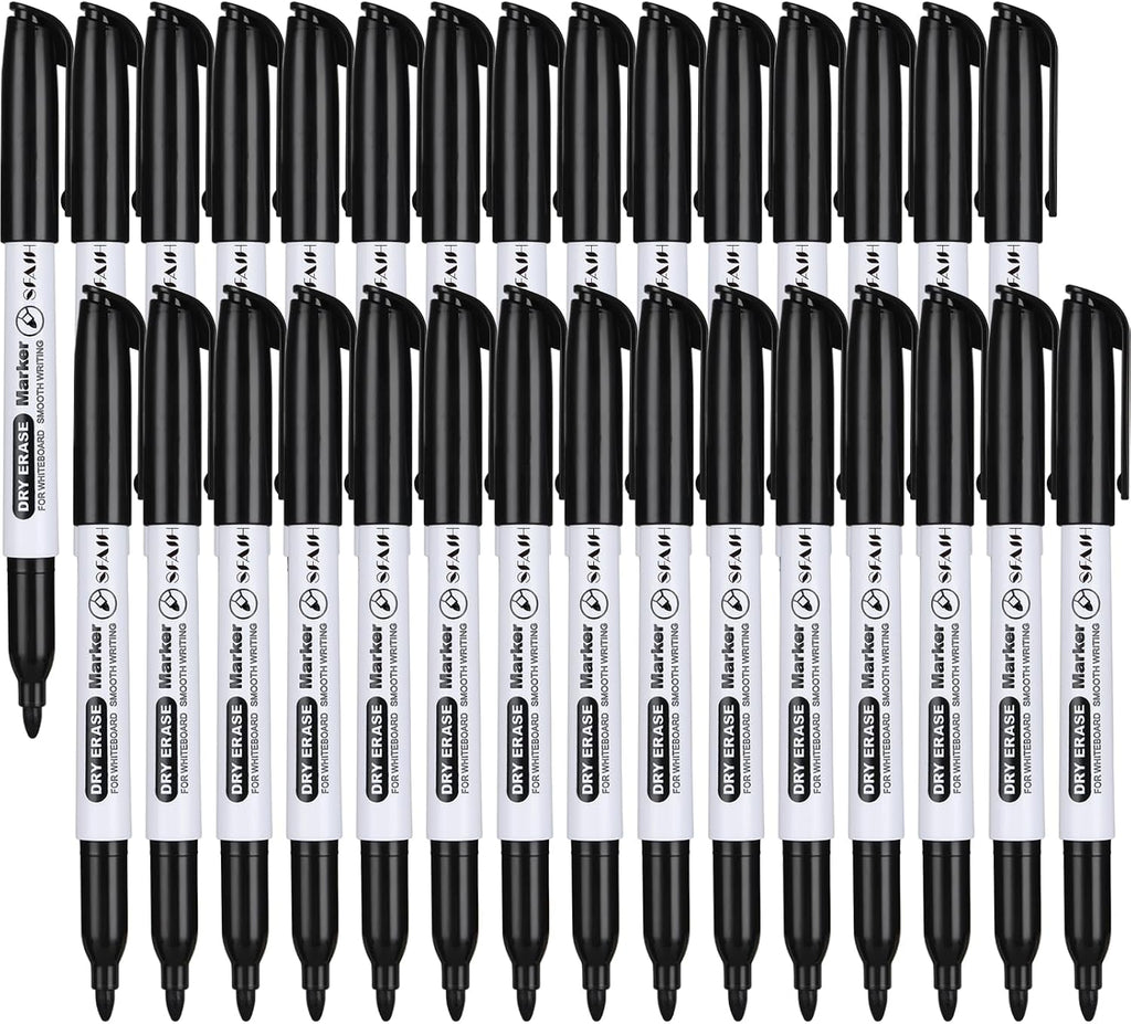 SFAIH Fine Tip Dry Erase Markers, 30 Pack, Black, Low Odor, Non-Toxic | Easily Erases, Clear Reusable Storage Case, Perfect for Whiteboards, Ideal for Classroom, Office, Home, Back to School