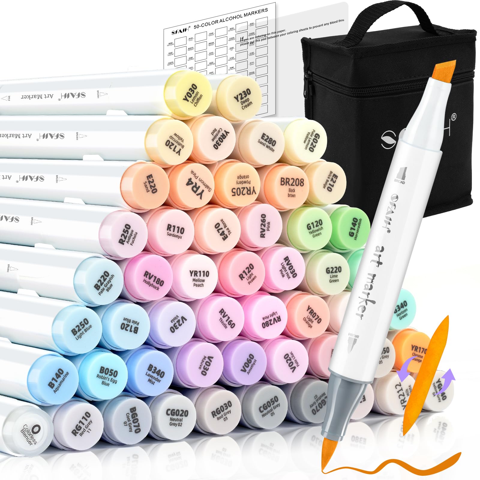 SFAIH Art Pastel Alcohol Markers Brush & Chisel Tip - 51 Dreamy Colors | Seamless Blending, Reversible Brush Dual Tip Markers for Artist Adult Coloring Illustration Sketch Manga, Colorless Blender