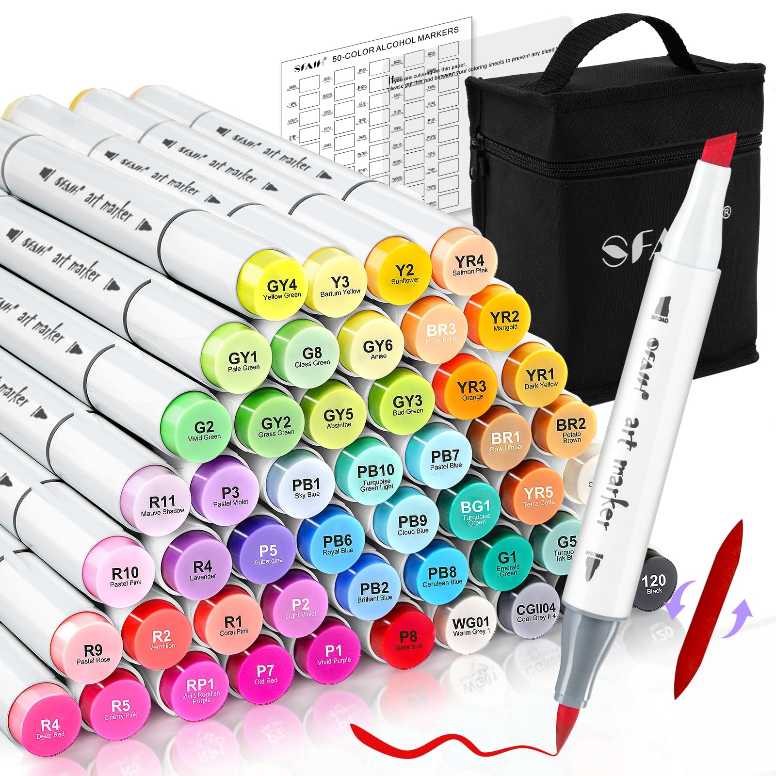 SFAIH 49 Alcohol Markers for Relaxing Coloring, Dual Brush & Chisel Art Set | Stress Relief & Self-Care, Quick-Dry, No Bleed, Blendable, Adult Coloring, Mandalas, Patterns, Premium Case, Gift-Ready