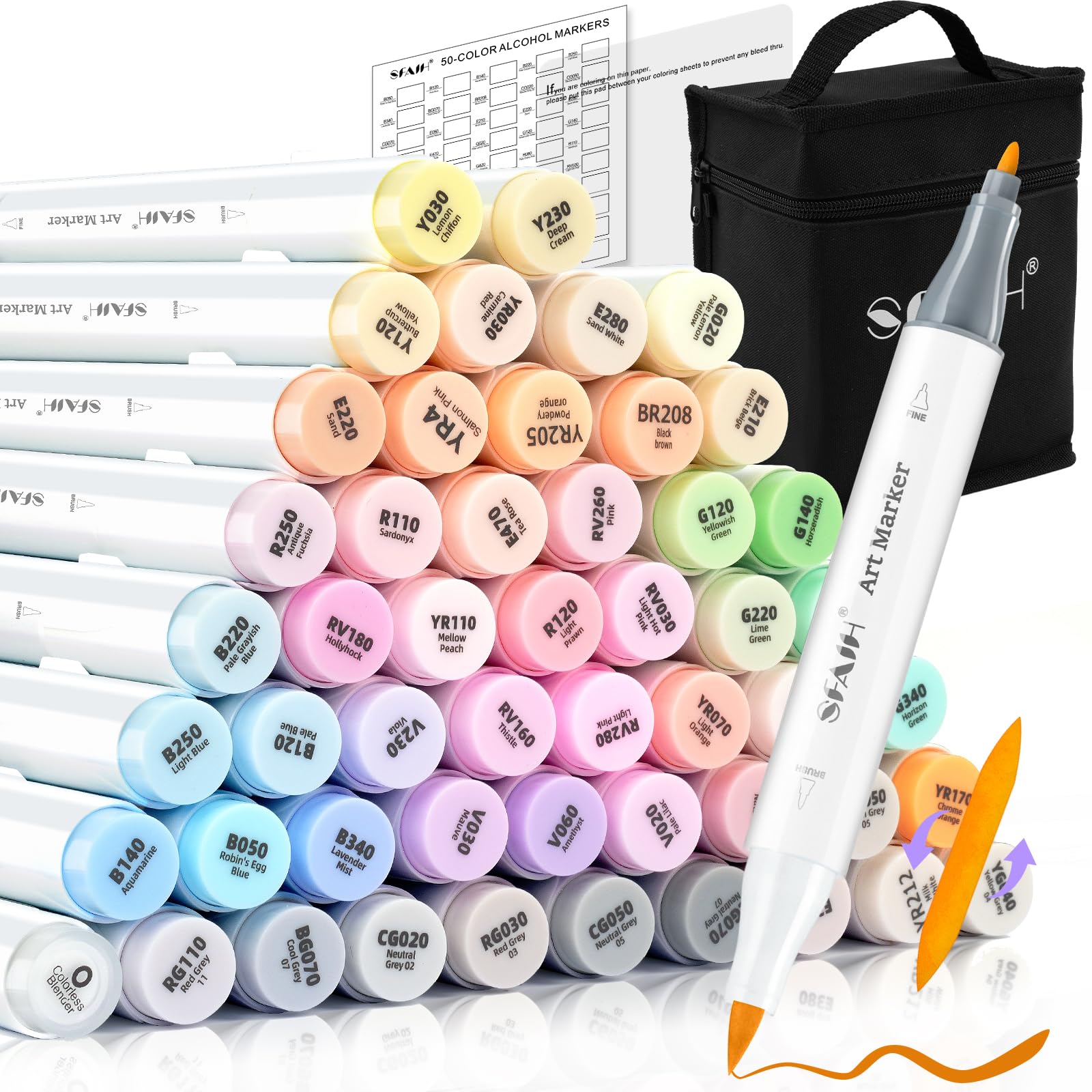 SFAIH Art Pastel Alcohol Markers Brush & Fine Tip - 51 Dreamy Colors | Seamless Blending, Reversible Brush Dual Tip Markers for Artist Adult Coloring Illustration Sketch Manga, Colorless Blender