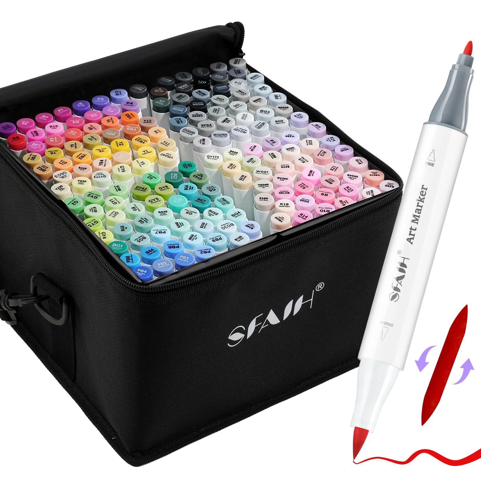 SFAIH 169 Alcohol Markers for Coloring, Brush & Fine Tip Art Set | Faux Leather Case with Strap, Zip Pocket & Lining, Premium Quality, Quick-Dry, No Bleed, Blendable, Adult Coloring, Illustrat