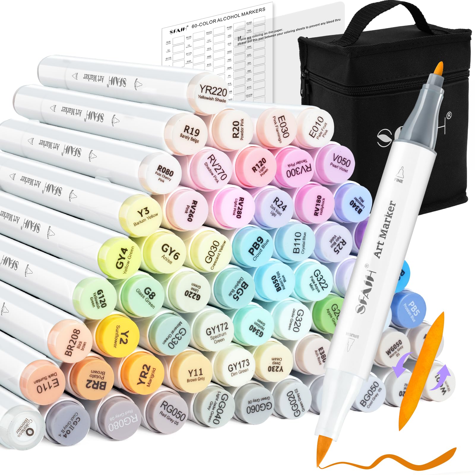 SFAIH Art Pastel Alcohol Markers Brush & Fine Tip - 61 Dreamy Colors | Seamless Blending, Reversible Brush Dual Tip Markers for Artist Adult Coloring Illustration Sketch Manga, Colorless Blender