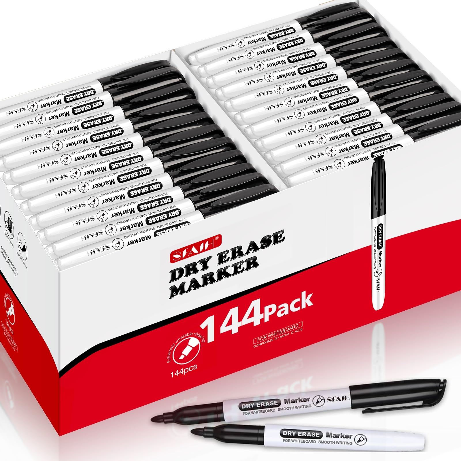 SFAIH Fine Tip Dry Erase Markers, 144 Pack, Black, Low Odor, Non-Toxic | Easily Erases, Perfect for Whiteboards & Non-Porous Surface, Professional-Grade, Bulk Supplies for School, Office, Business