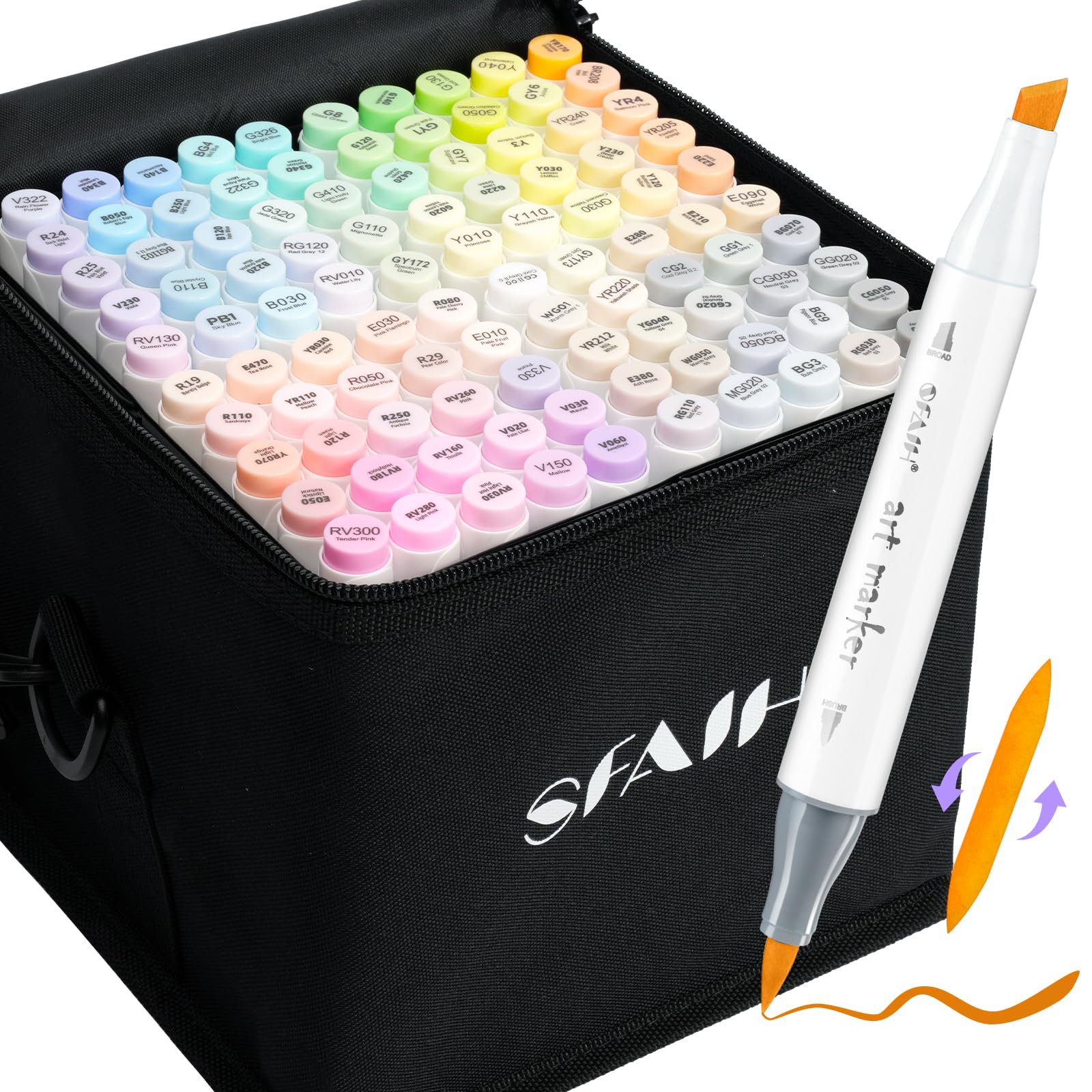 SFAIH Art Pastel Alcohol Markers Brush & Chisel Tip - 101 Dreamy Colors | Seamless Blending Markers for Adult Coloring Illustration, Shoulder Strap & Storage Case, Colorless Blender, Gift for Artist