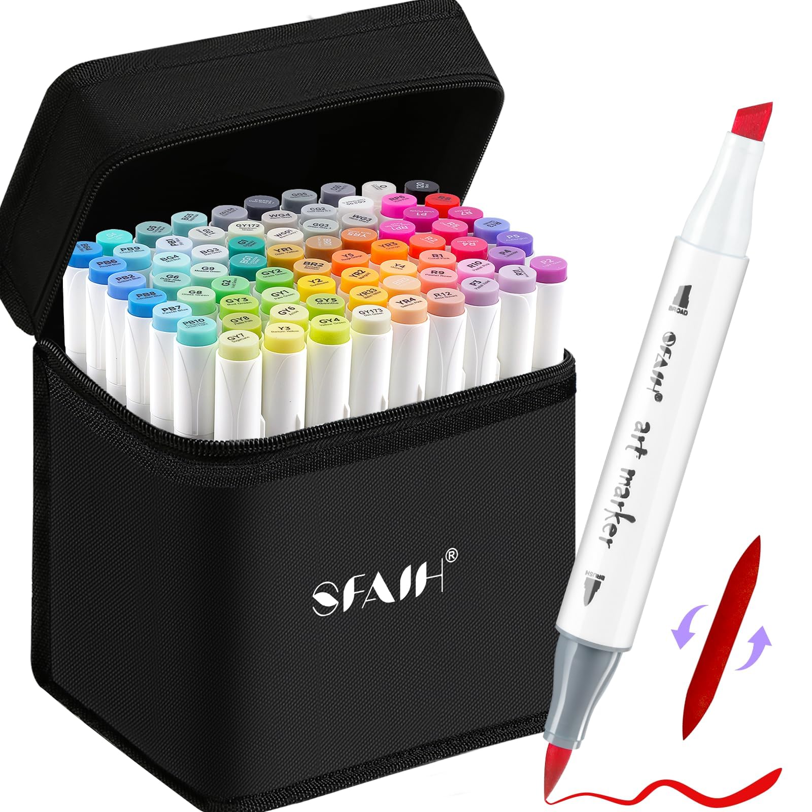 SFAIH 72 Alcohol Markers for Relaxing Coloring, Dual Brush & Chisel Art Set | Stress Relief & Self-Care, Quick-Dry, No Bleed, Blendable, Adult Coloring, Mandalas, Patterns, Premium Case, Gift-Ready