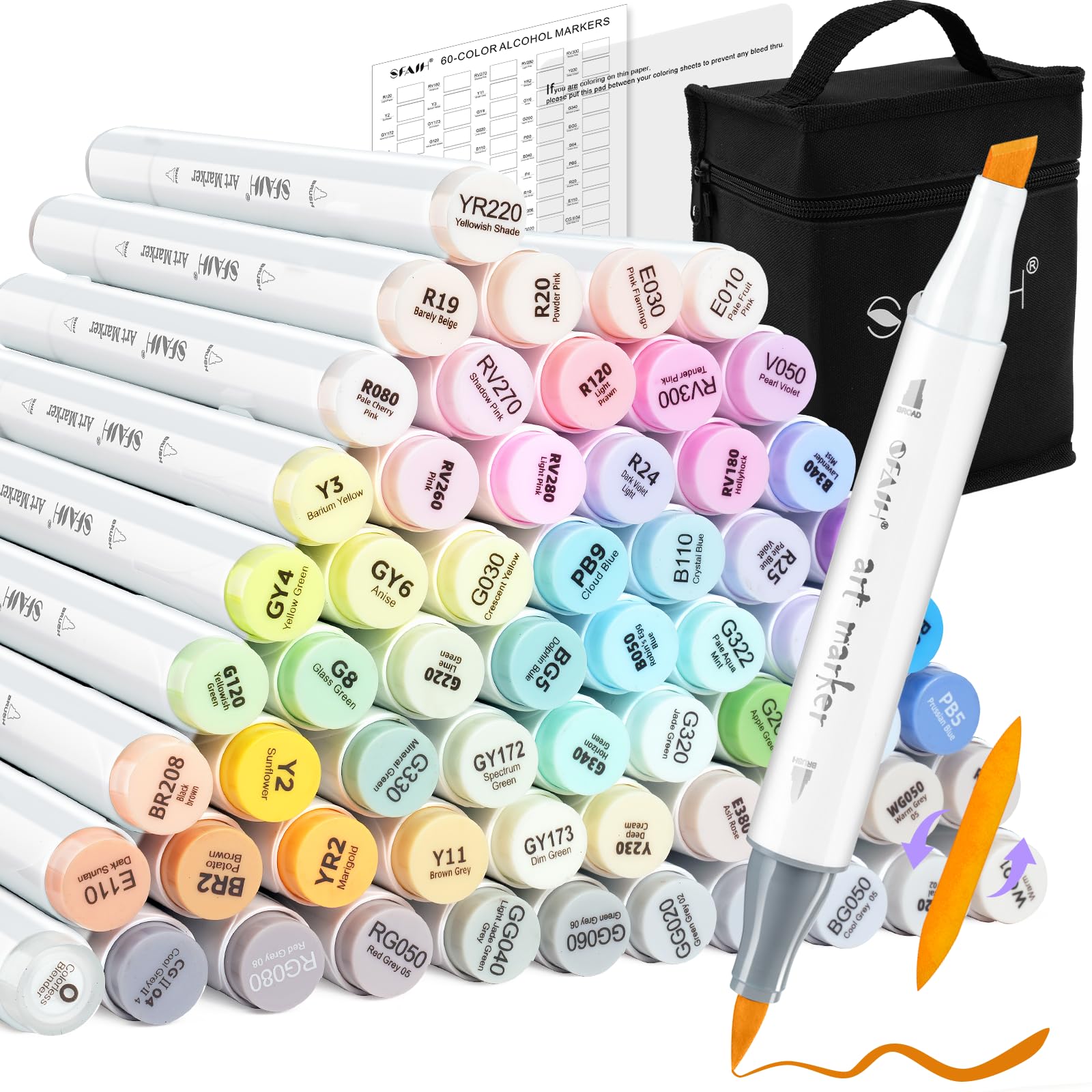 SFAIH Art Pastel Alcohol Markers Brush & Chisel Tip - 61 Dreamy Colors | Seamless Blending, Reversible Brush Dual Tip Markers for Artist Adult Coloring Illustration Sketch Manga, Colorless Blender