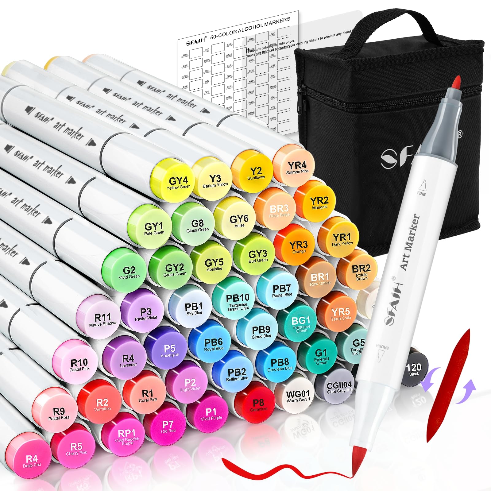 SFAIH 49 Colors Alcohol Markers for Adult Coloring Books–Dual Tip (Brush & Fine), Art Markers for Artist Drawing Illustration Sketching, Relaxing Coloring Supplies for Stress Relief, Me-Time Gift
