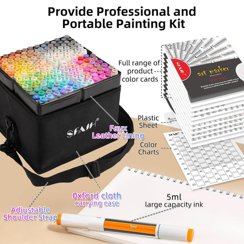 SFAIH 168 Alcohol Markers Set with Leather Marker Organizer- Dual Tip Brush and Chisel Permanent Pens for Adult Coloring, Anime Drawing, Illustration, with Premium Carrying Case & Adjustable Strap