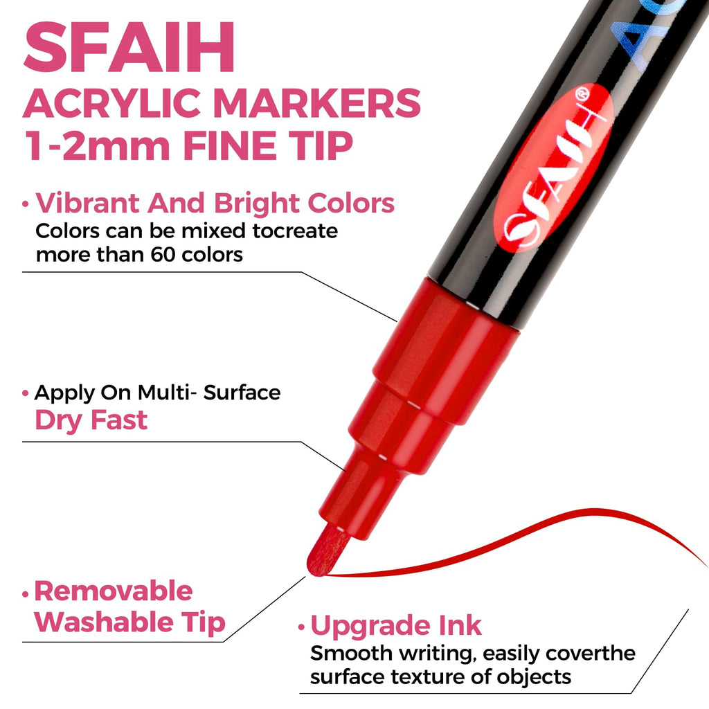 SFAIH Acrylic Paint Art Markers Pens, 36 Vibrant Colors 1-2mm Fine Point | High Coverage, Opaque Paint Pens for Any Surface, Crafts DIY, Paper, Rock, Fabric, Wood, Non-Bleeding, Permanent, Non-Toxic