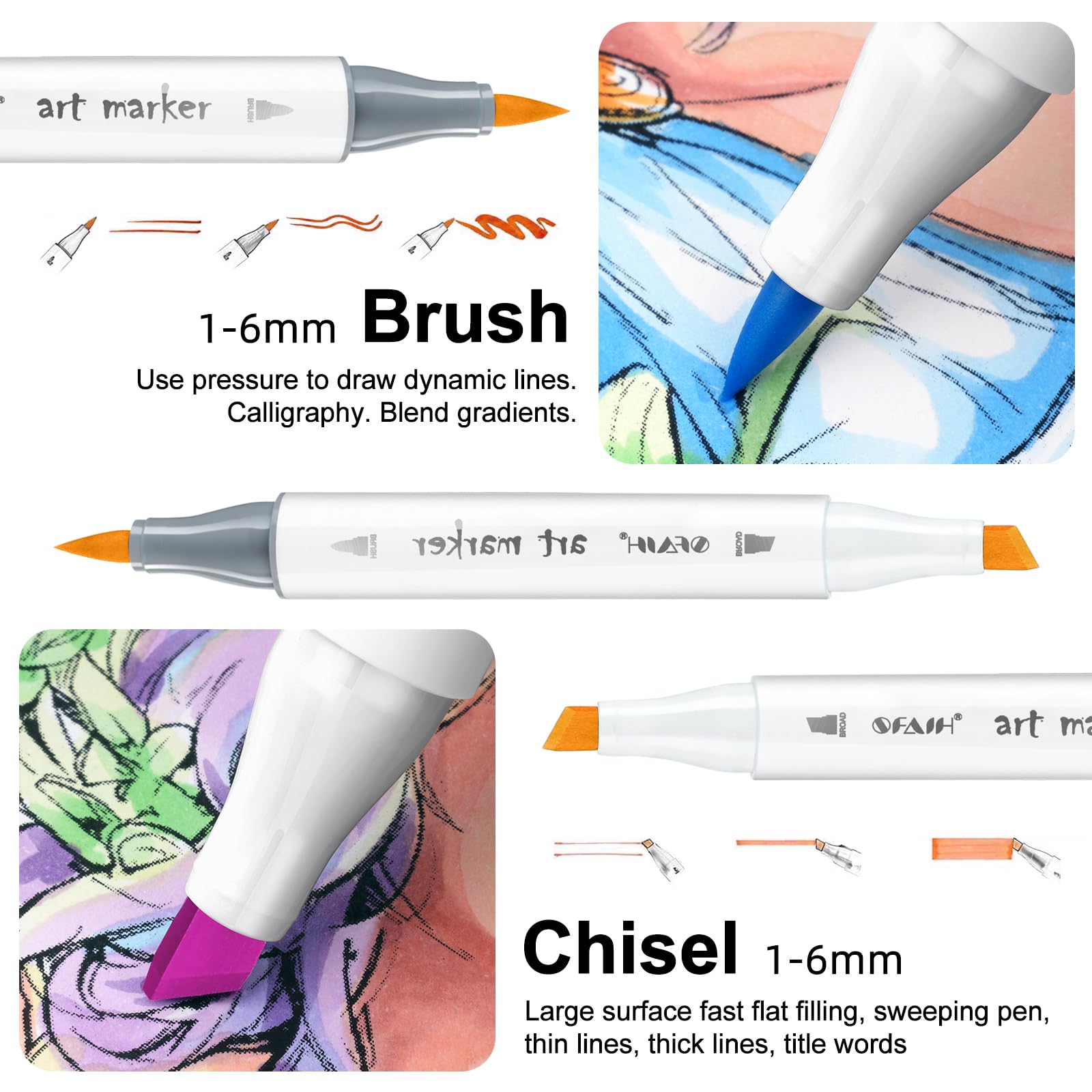 SFAIH Art Pastel Alcohol Markers Brush & Chisel Tip - 101 Dreamy Colors | Seamless Blending Markers for Adult Coloring Illustration, Shoulder Strap & Storage Case, Colorless Blender, Gift for Artist