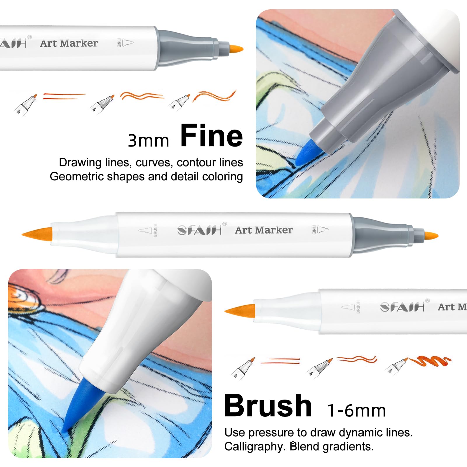 SFAIH Art Pastel Alcohol Markers Brush & Fine Tip - 61 Dreamy Colors | Seamless Blending, Reversible Brush Dual Tip Markers for Artist Adult Coloring Illustration Sketch Manga, Colorless Blender