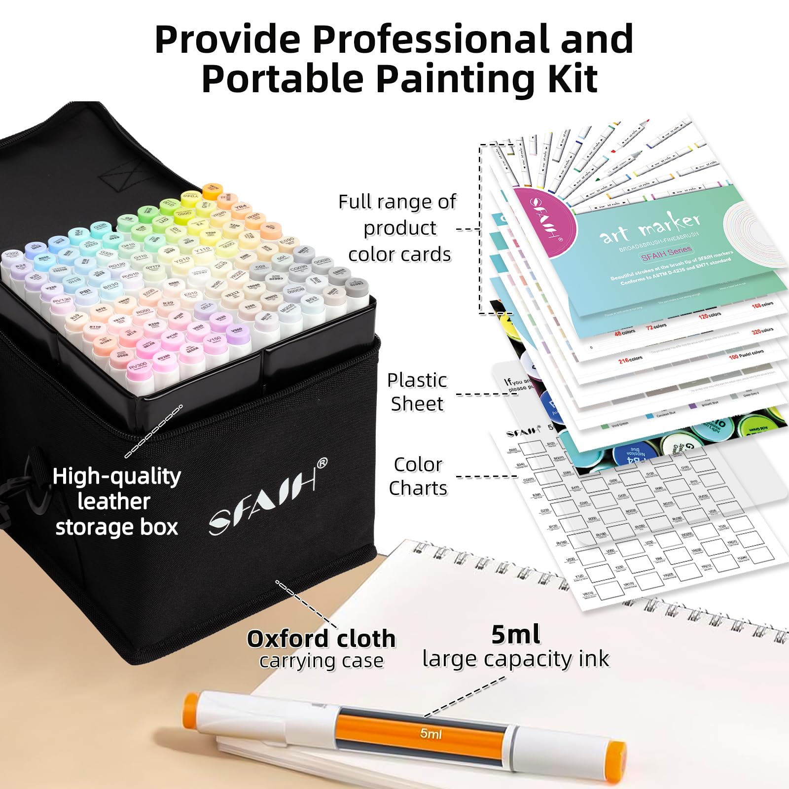 SFAIH Art Pastel Alcohol Markers Brush & Chisel Tip - 101 Dreamy Colors | Seamless Blending Markers for Adult Coloring Illustration, Shoulder Strap & Storage Case, Colorless Blender, Gift for Artist
