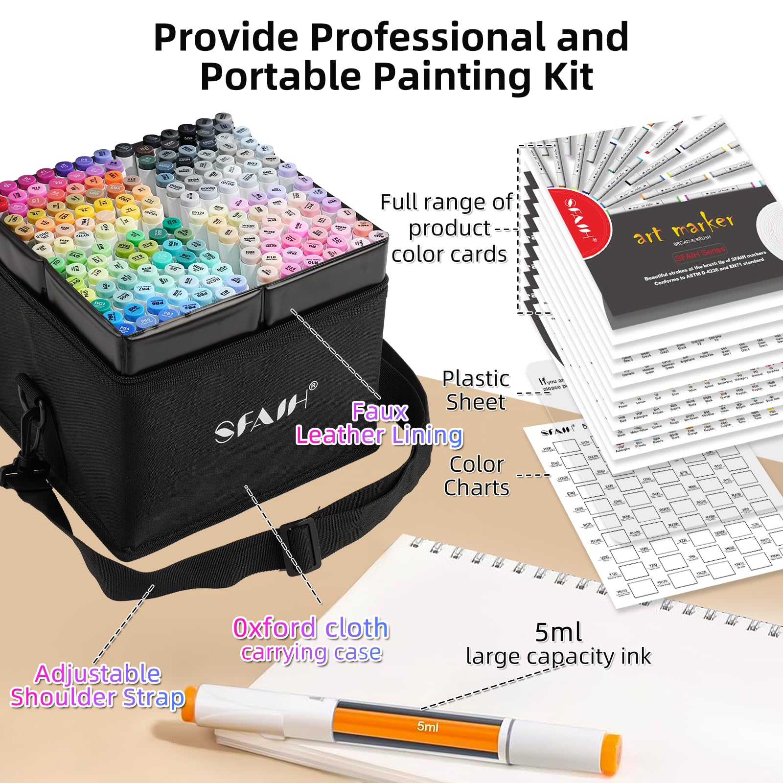 SFAIH 169 Alcohol Markers for Coloring, Brush & Fine Tip Art Set | Faux Leather Case with Strap, Zip Pocket & Lining, Premium Quality, Quick-Dry, No Bleed, Blendable, Adult Coloring, Illustrat