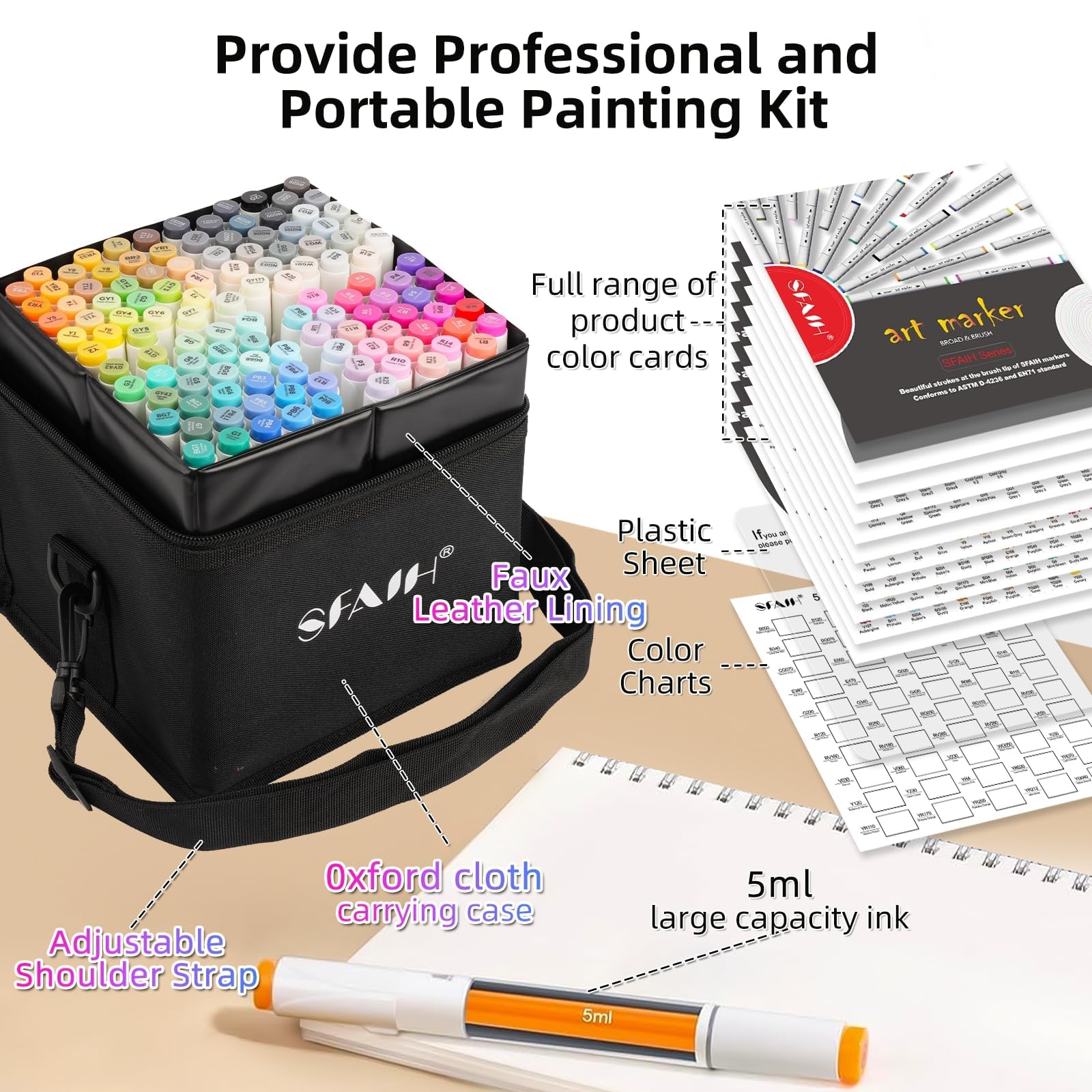 SFAIH Alcohol Markers Brush & Fine - 121 Colors Double Tipped Art Markers for Adult Coloring Illustration, Gifts for Artist Adult - Adjustable Shoulder Strap & Faux Leather Lining & Outer Zip Pocket