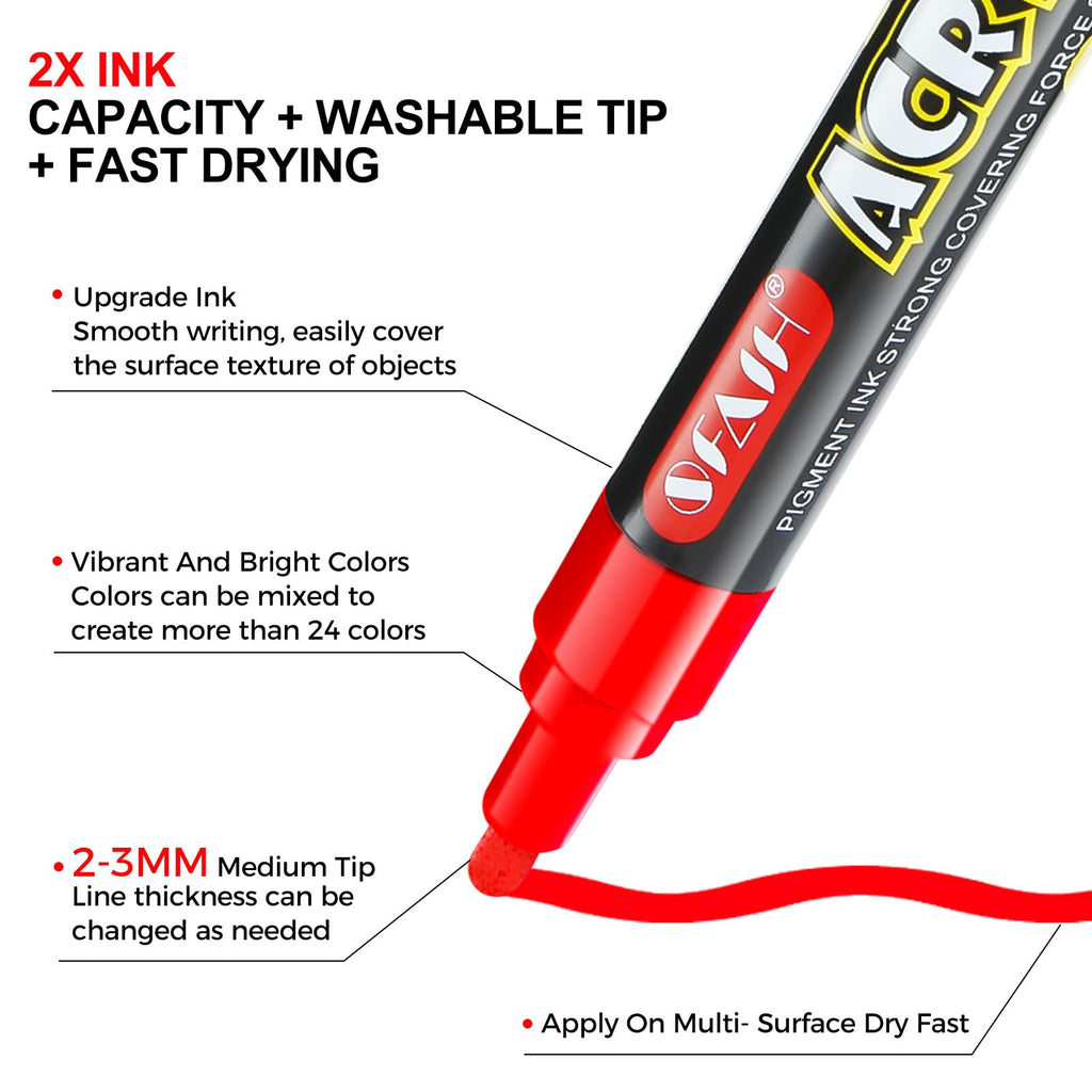 SFAIH Acrylic Creative Markers - 3mm Replaceable Nibs 24 Colors, High Coverage