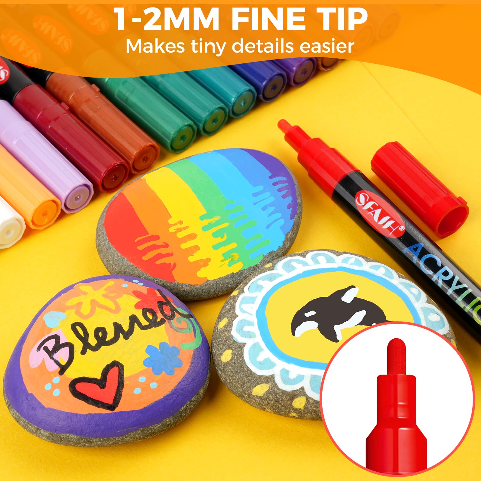SFAIH Acrylic Paint Art Markers Pens, 36 Vibrant Colors 1-2mm Fine Point | High Coverage, Opaque Paint Pens for Any Surface, Crafts DIY, Paper, Rock, Fabric, Wood, Non-Bleeding, Permanent, Non-Toxic